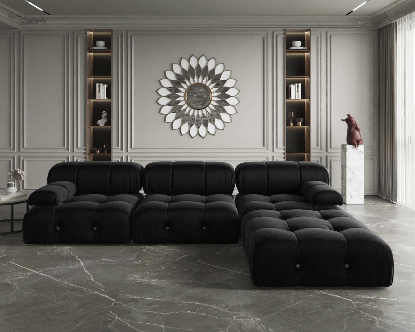 Modern L-Shaped Velvet Couch with Reversible Ottoman