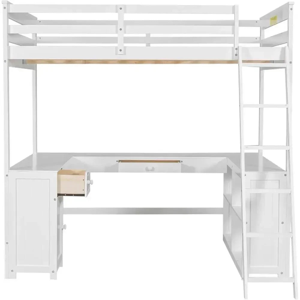 Wooden U-Shaped Loft Bed with Desk