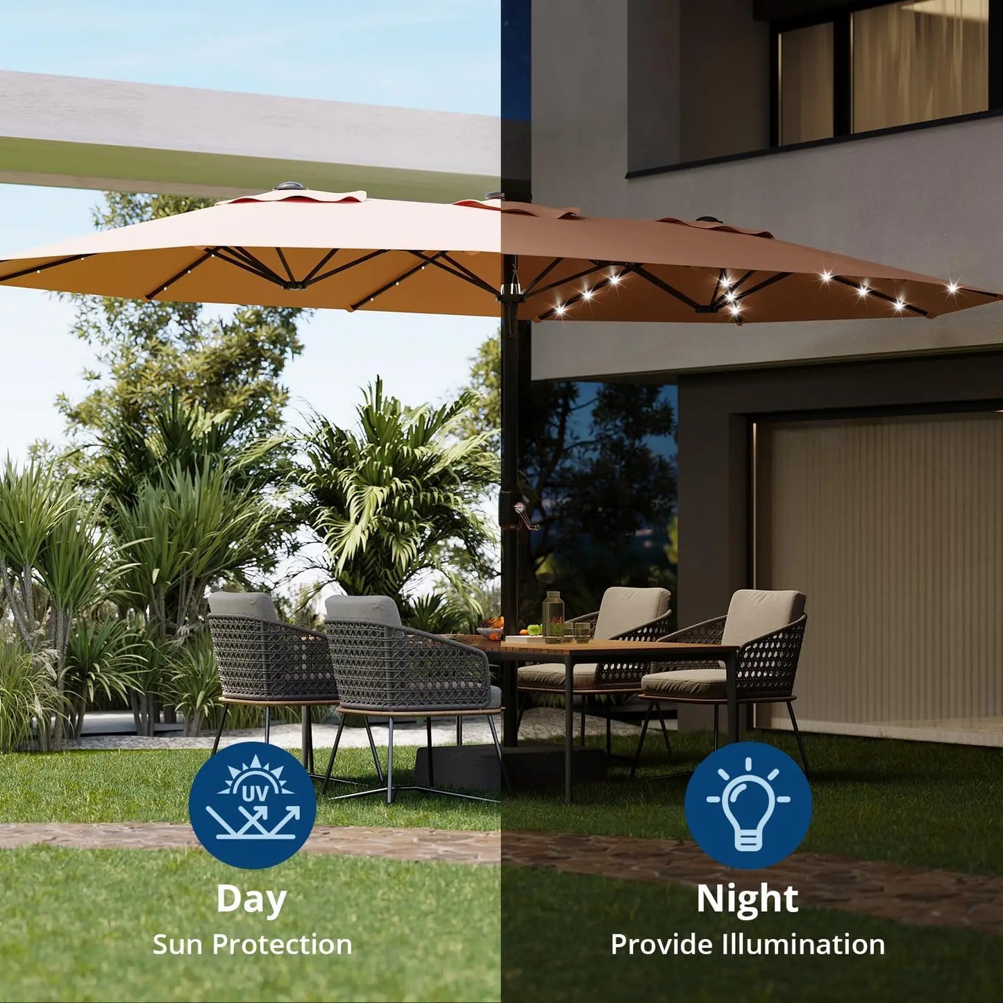 Outdoor Patio Umbrella With Solar LED Lights & Base