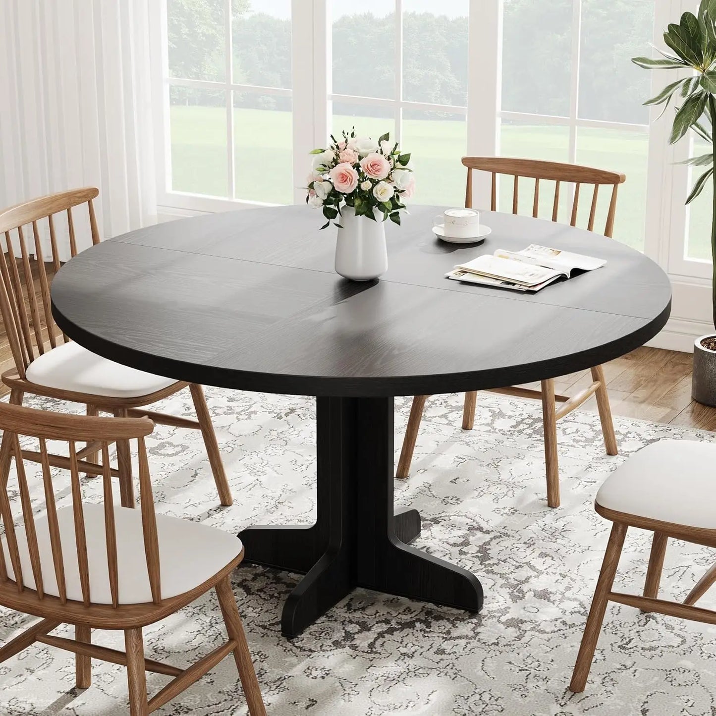Farmhouse Round Dining Table with Tabletop and Stable Base