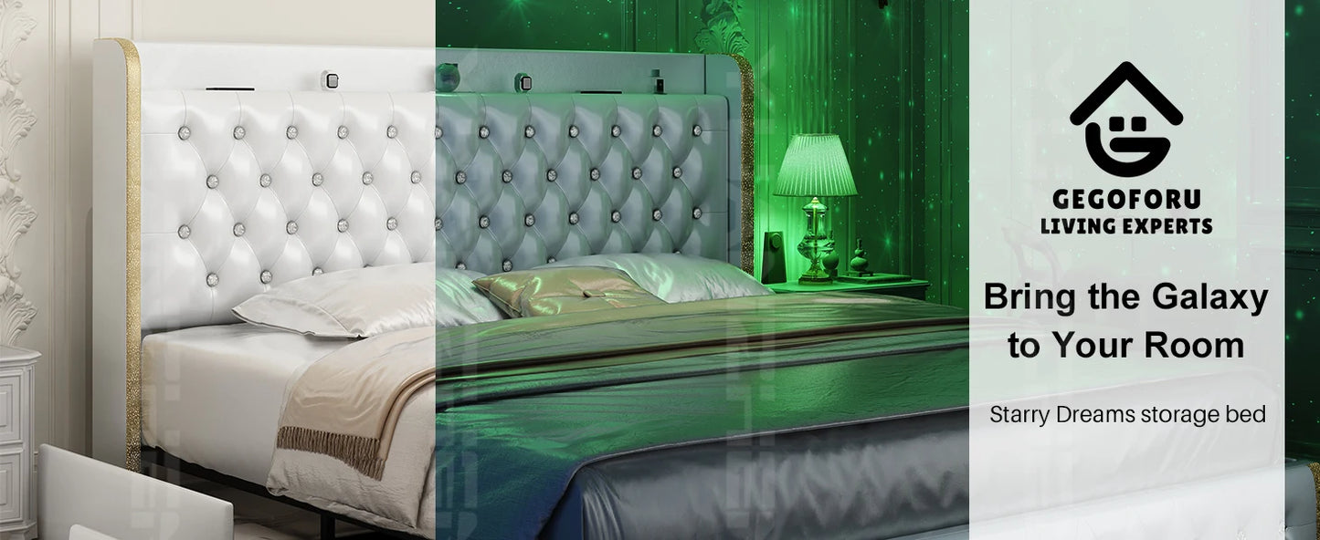 Bed Frame, Galaxy Projector, Bluetooth Speaker, USB Ports, 4 Drawers, No Box Spring Needed