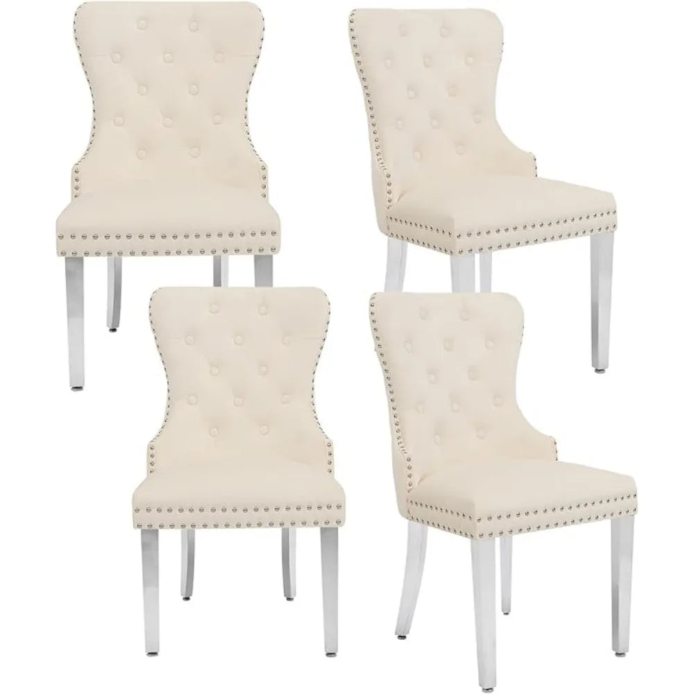 Tufted Upholstered Velvet Dining Chairs with Pull Ring and Stainless Steel Legs