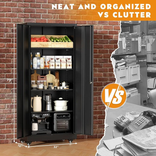 Lockable Rolling Metal Garage Cabinets with 2 Doors and 4 Adjustable Shelves and Wheels