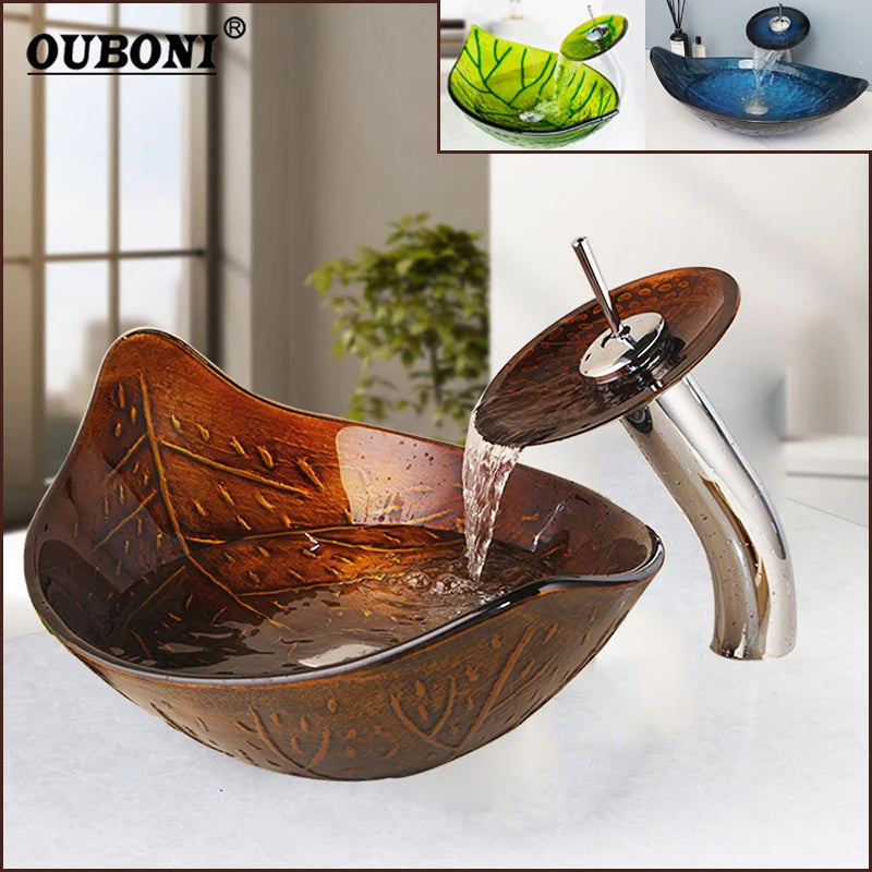 Art Bathroom Basin Faucet Sets Leaf style Tempered Glass Sink