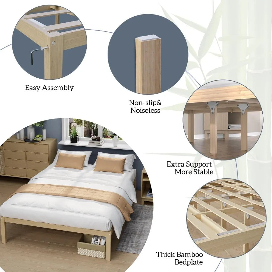 Bamboo Bed Frame Solid Stable With Non-Slip Slats Support