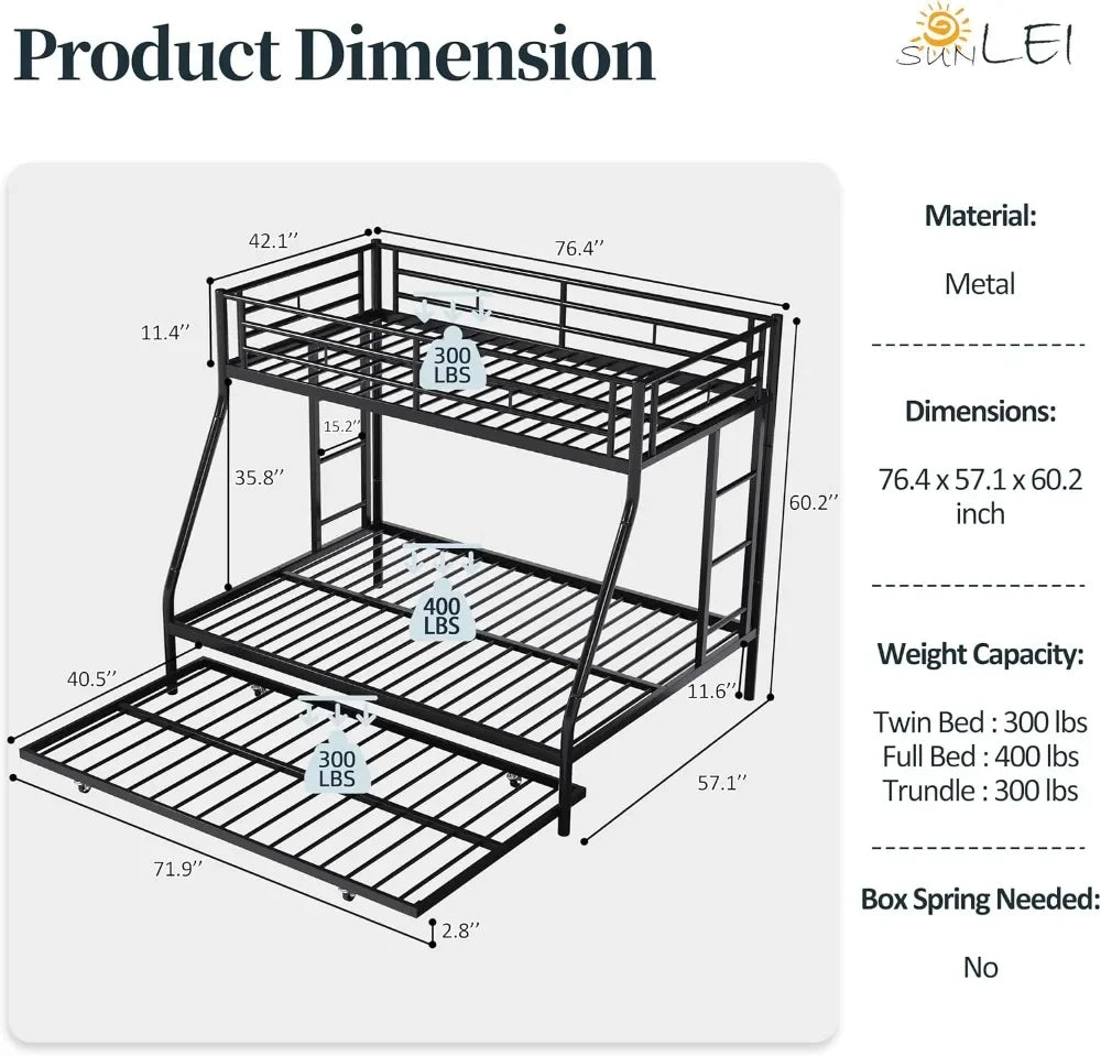 Heavy Duty Metal Triple Bed Frame with Trundle