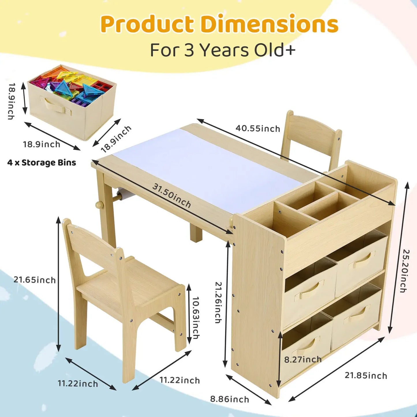 Craft Table with Storage Shelves, Canvas Bins and Paper Roll