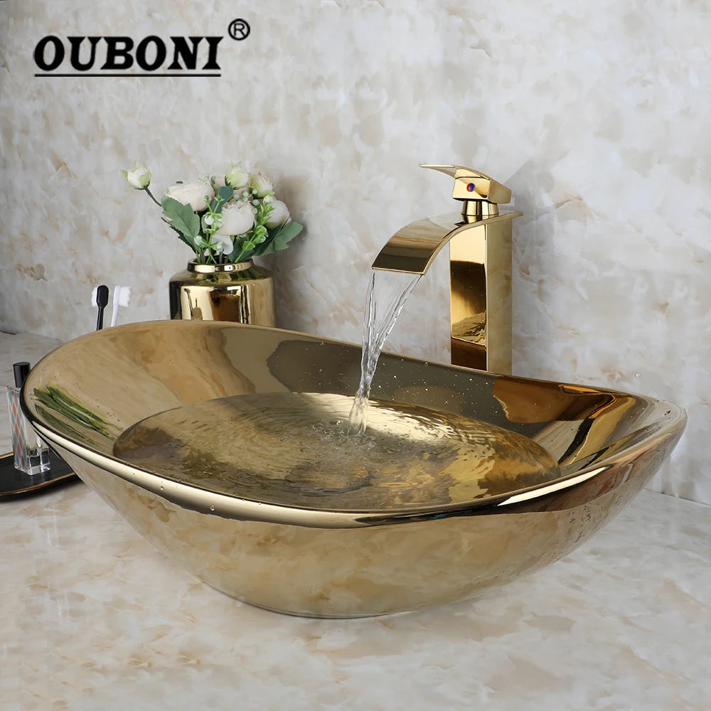 Gold Ceramic Luxury Bathroom Vessel Sink Set