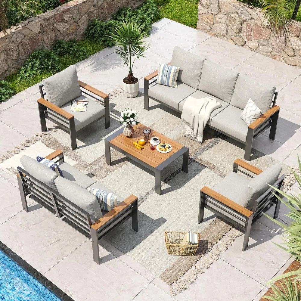 Aluminum Patio Furniture Set Sectional with Washable Thick Cushions, Coffee Table