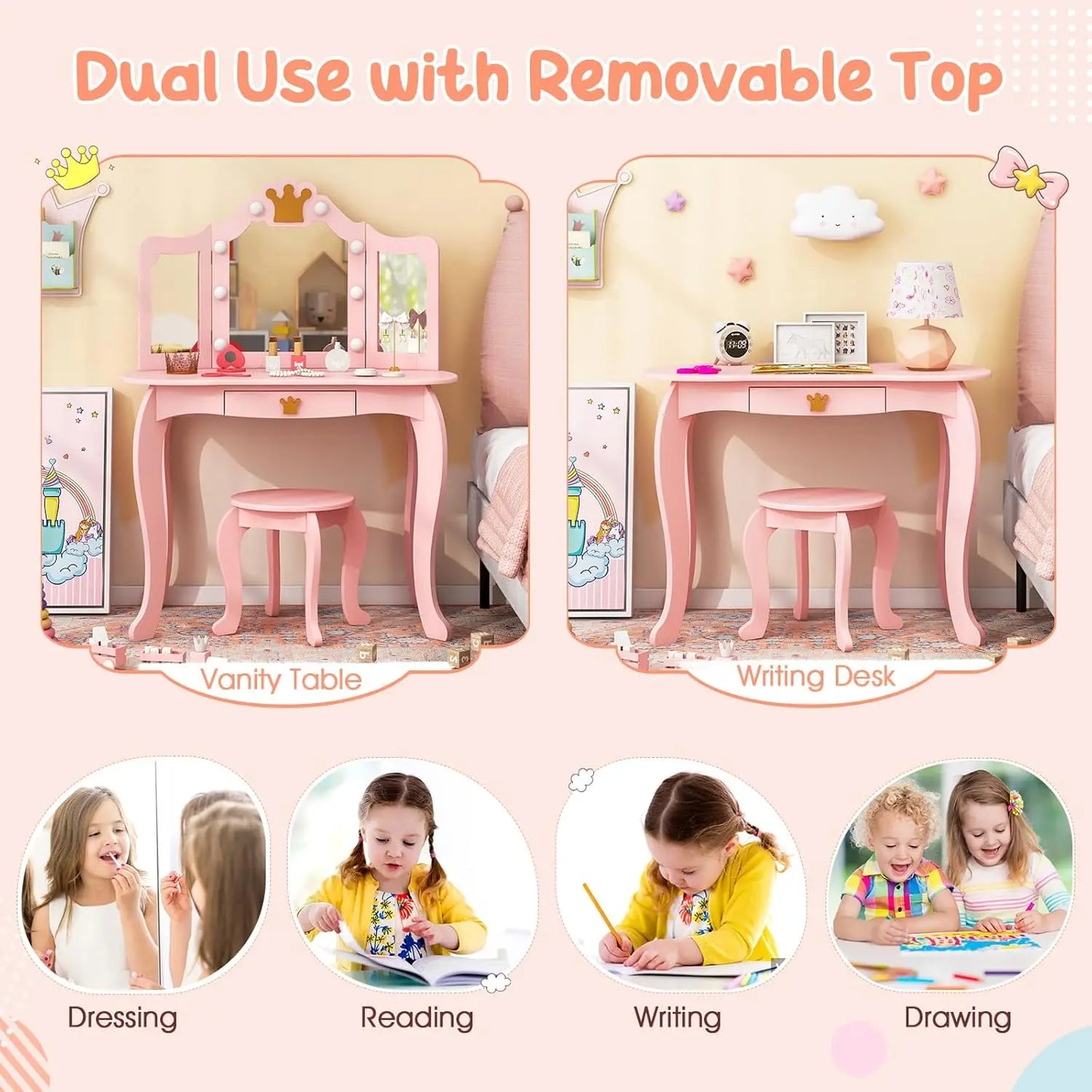 Vanity Set with Lights Mirror Stool and Drawer