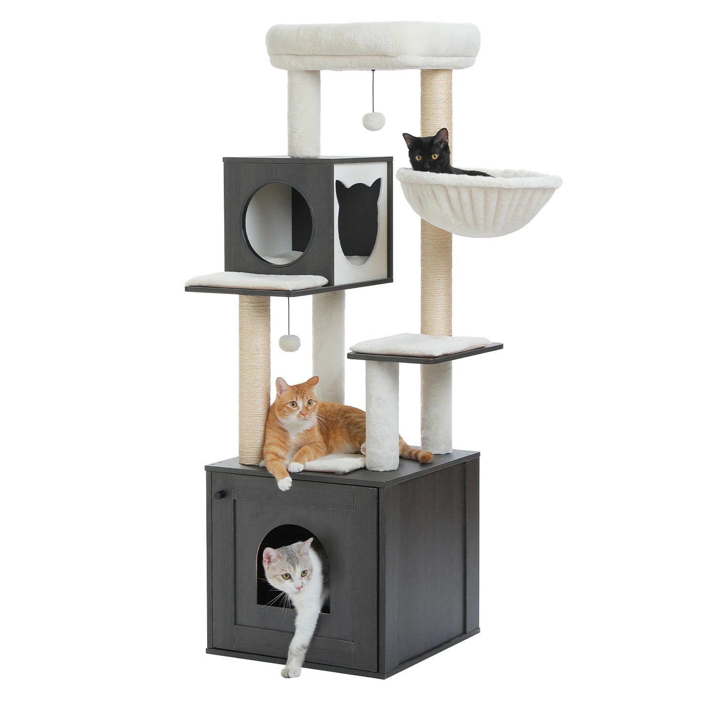 Cat Tree Tower Litter Box Wood Structure Storage with Hammock