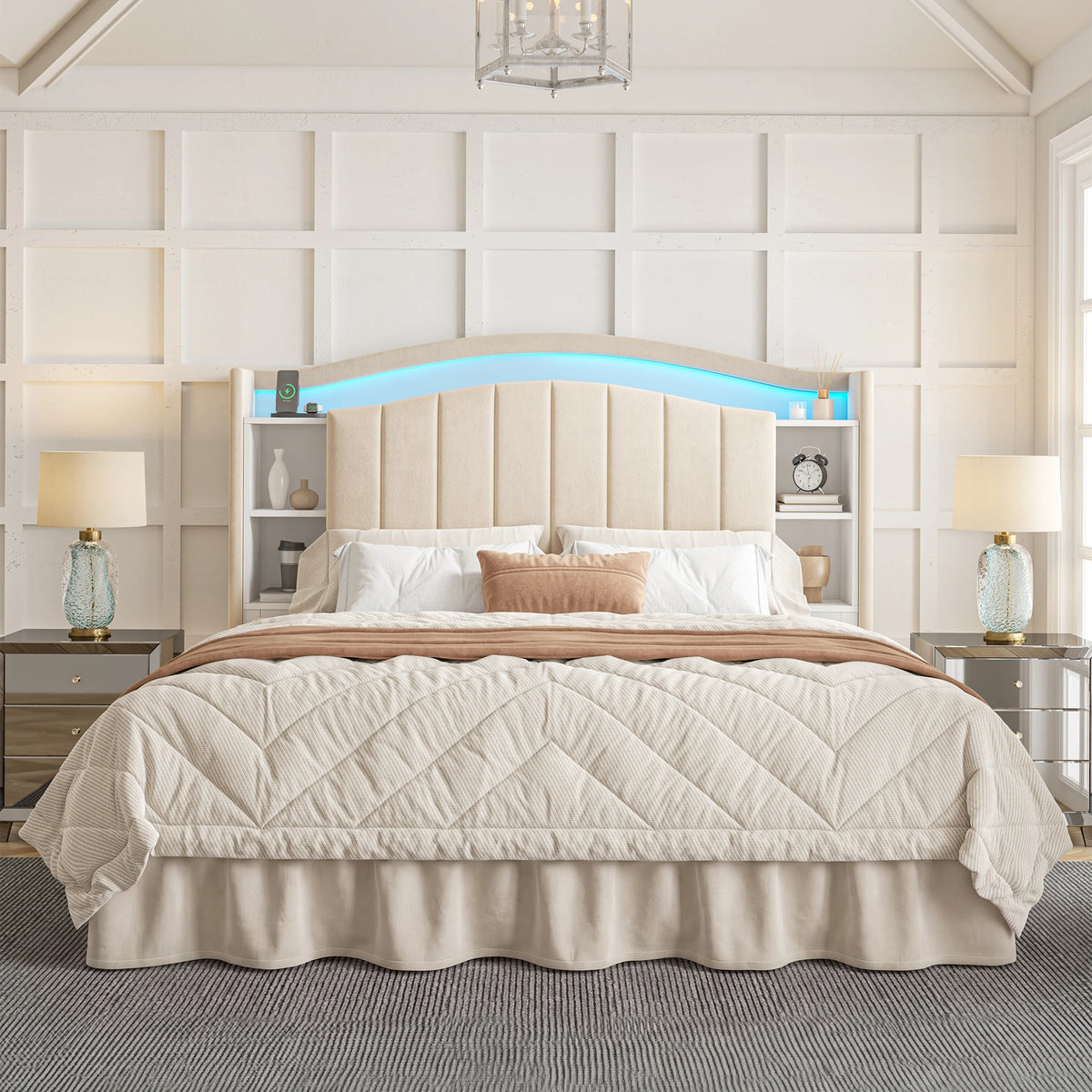 Bed Frame with Bookcase Headboard & Hidden-Cubby