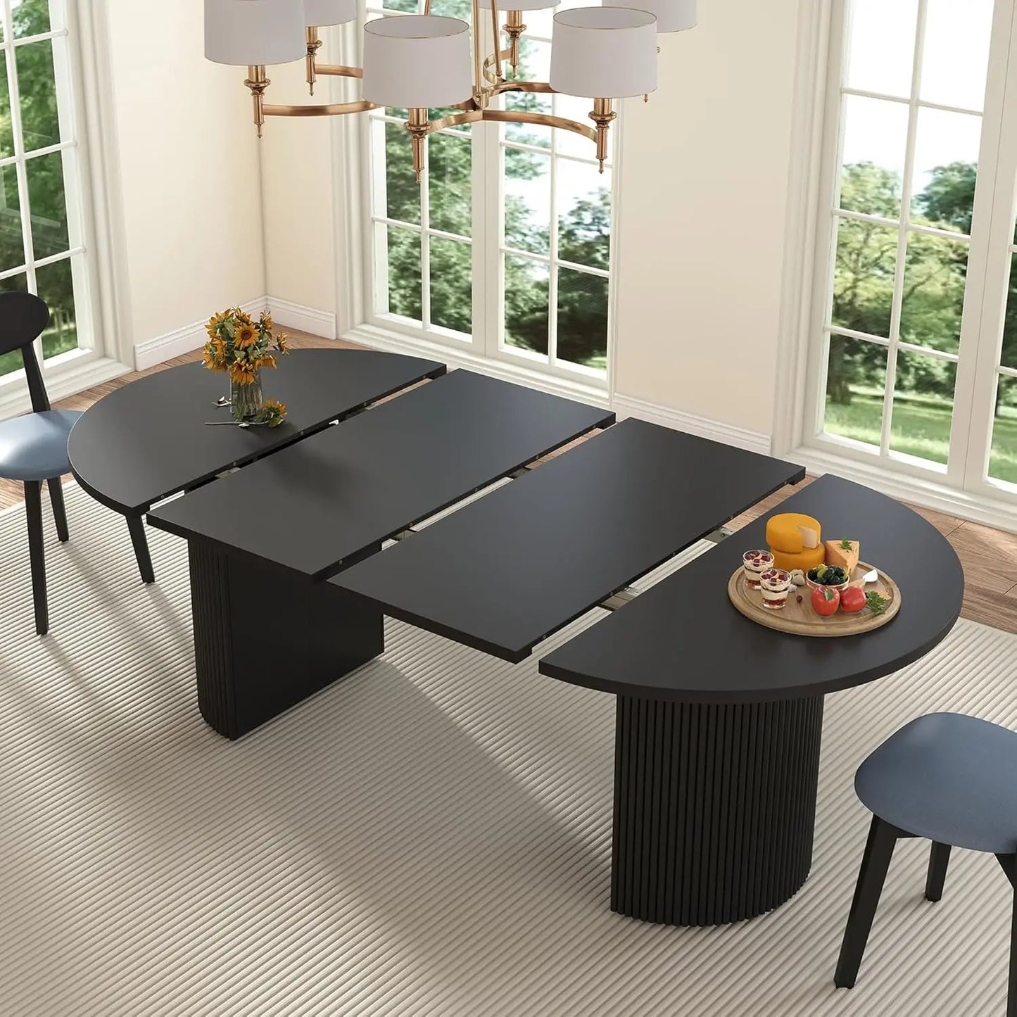 Fluted Base Modern Oval Round Extendable Dining Table