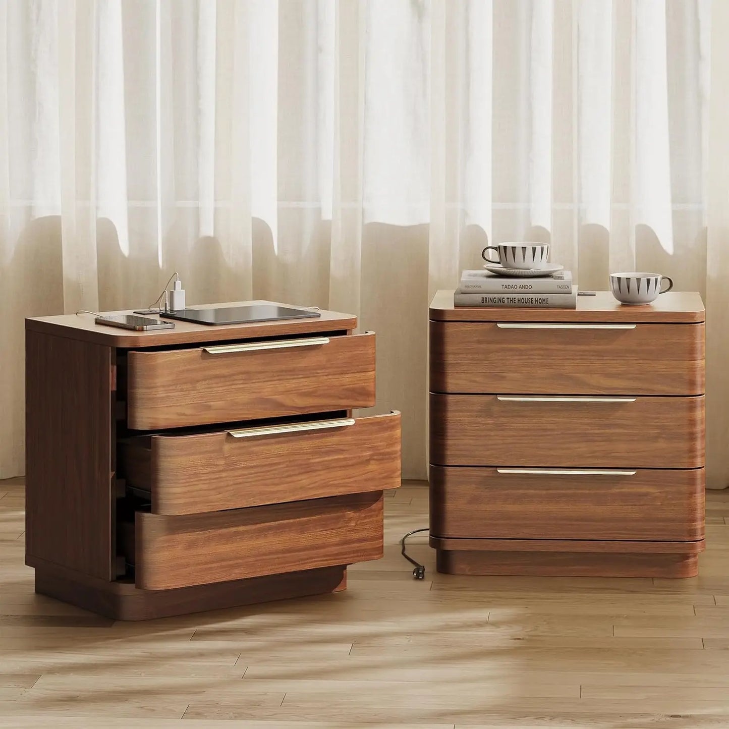 Natural Wood Nightstand with Drawers and Charging Station
