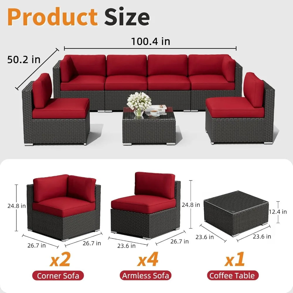 7-Piece Patio Furniture Sofa Set Rattan Wicker Sectional Conversation Sets with Glass Top Table and Cushions