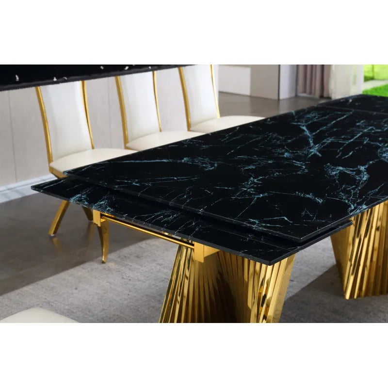 Dining Table with Black Marble Top & Tempered Glass