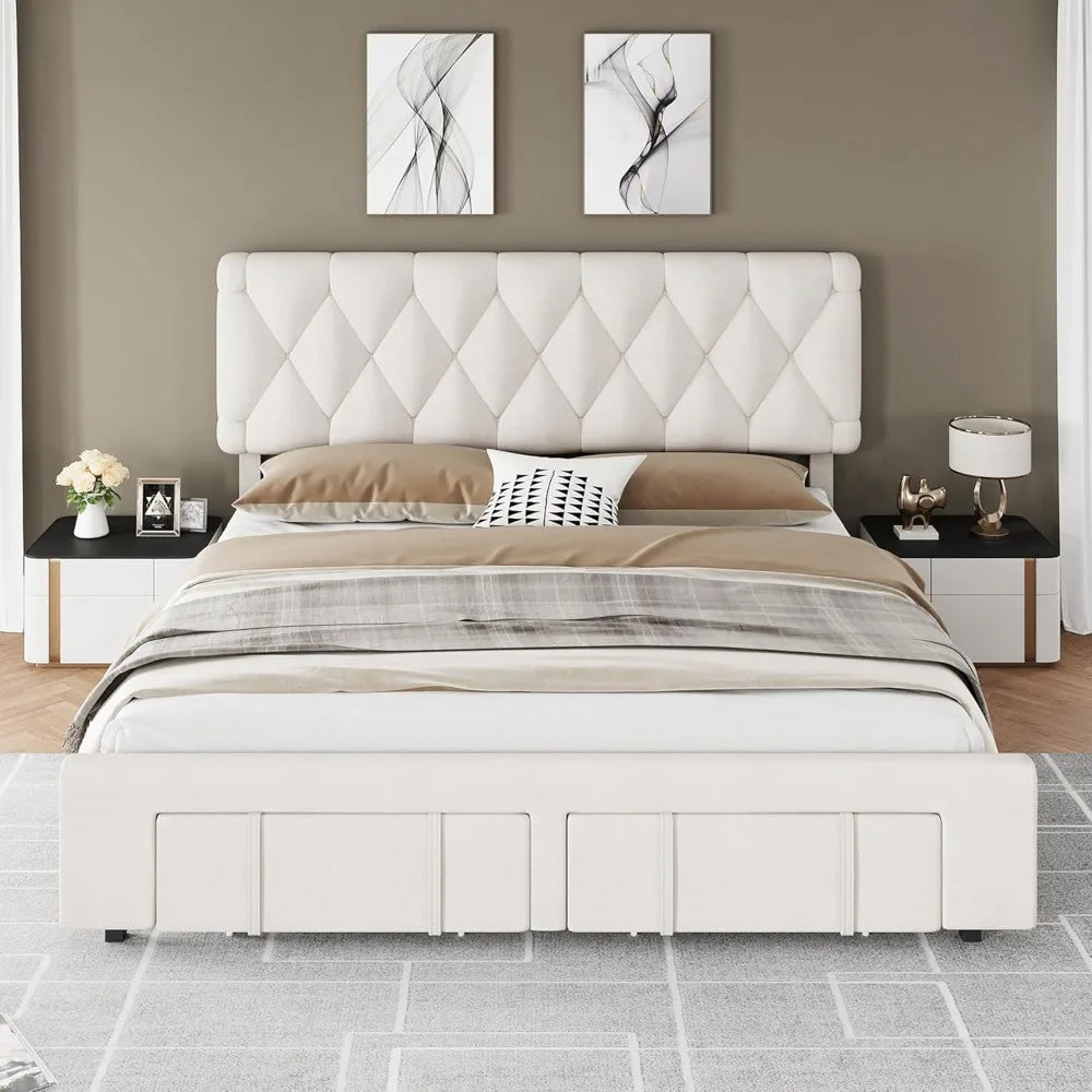 Mattress Foundation with Solid Wooden Slats Support with Storage Drawers