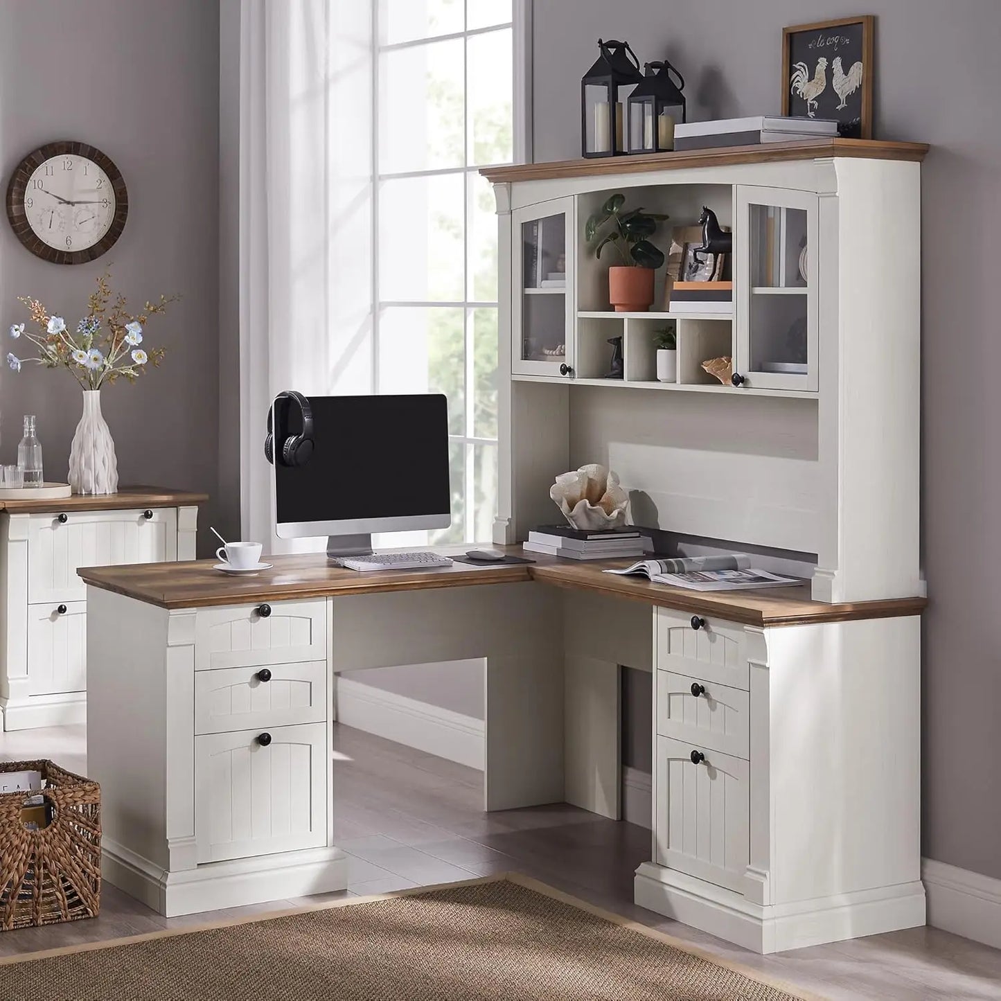 L Shaped Executive Desk with Hutch and Drawers