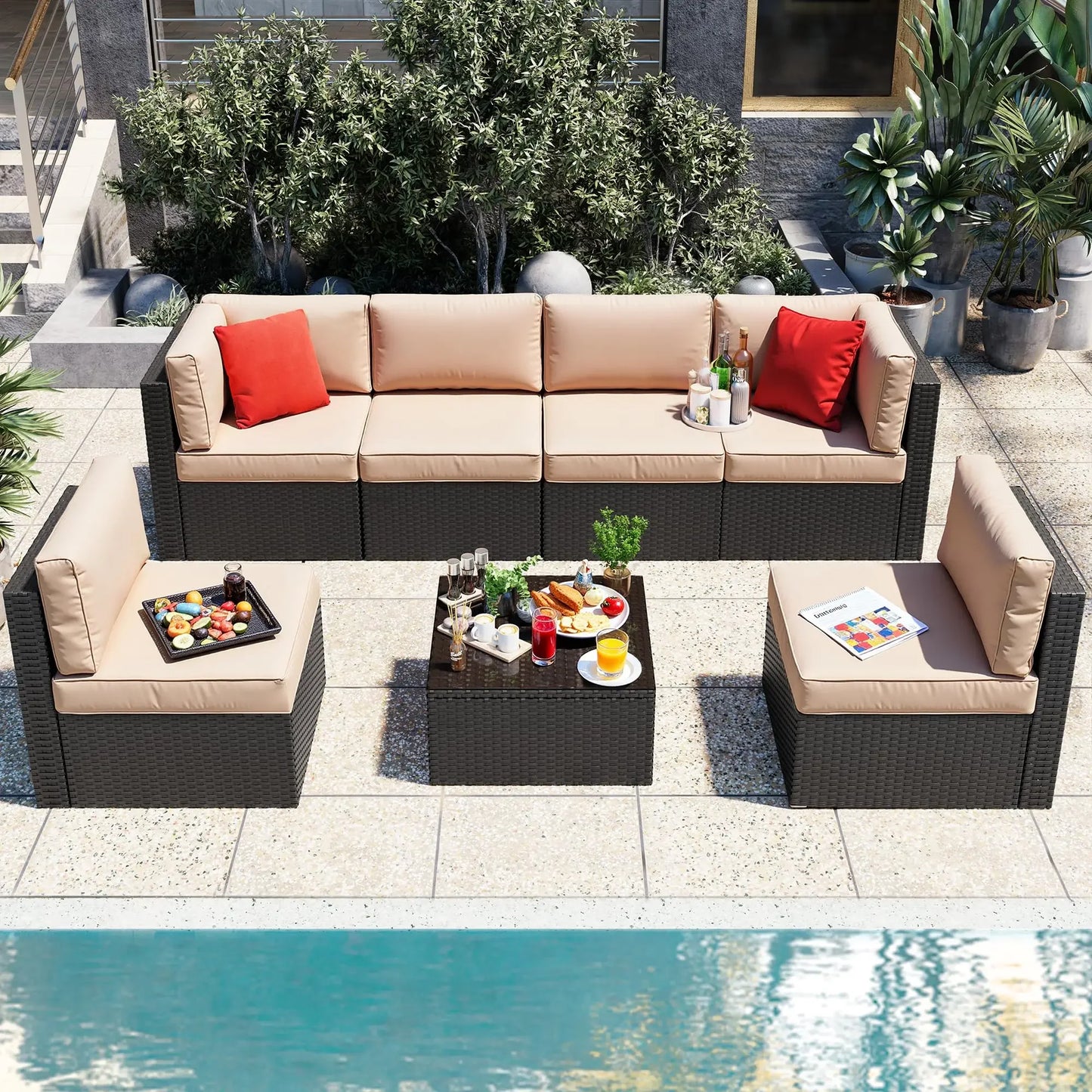 All-Weather PE Rattan Outdoor Couch with Ottoman