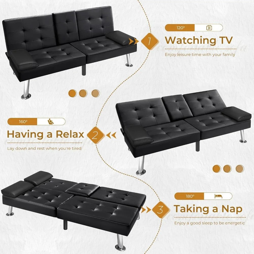 Modern Faux Leather Futon Sofa with Armrest