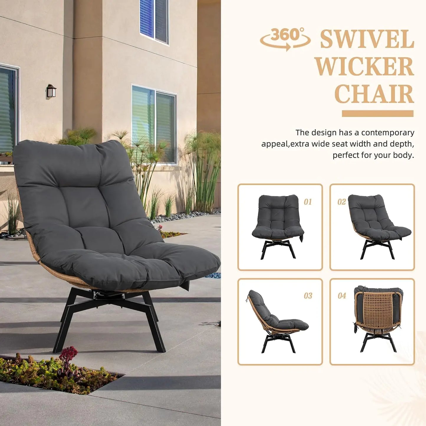 Swivel Wicker Chair PE Rattan Chair with Cushion