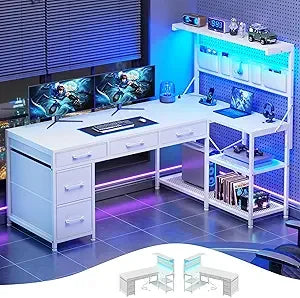 L Shaped Reversible Computer Desk with Bookshelf and Storage Shelves