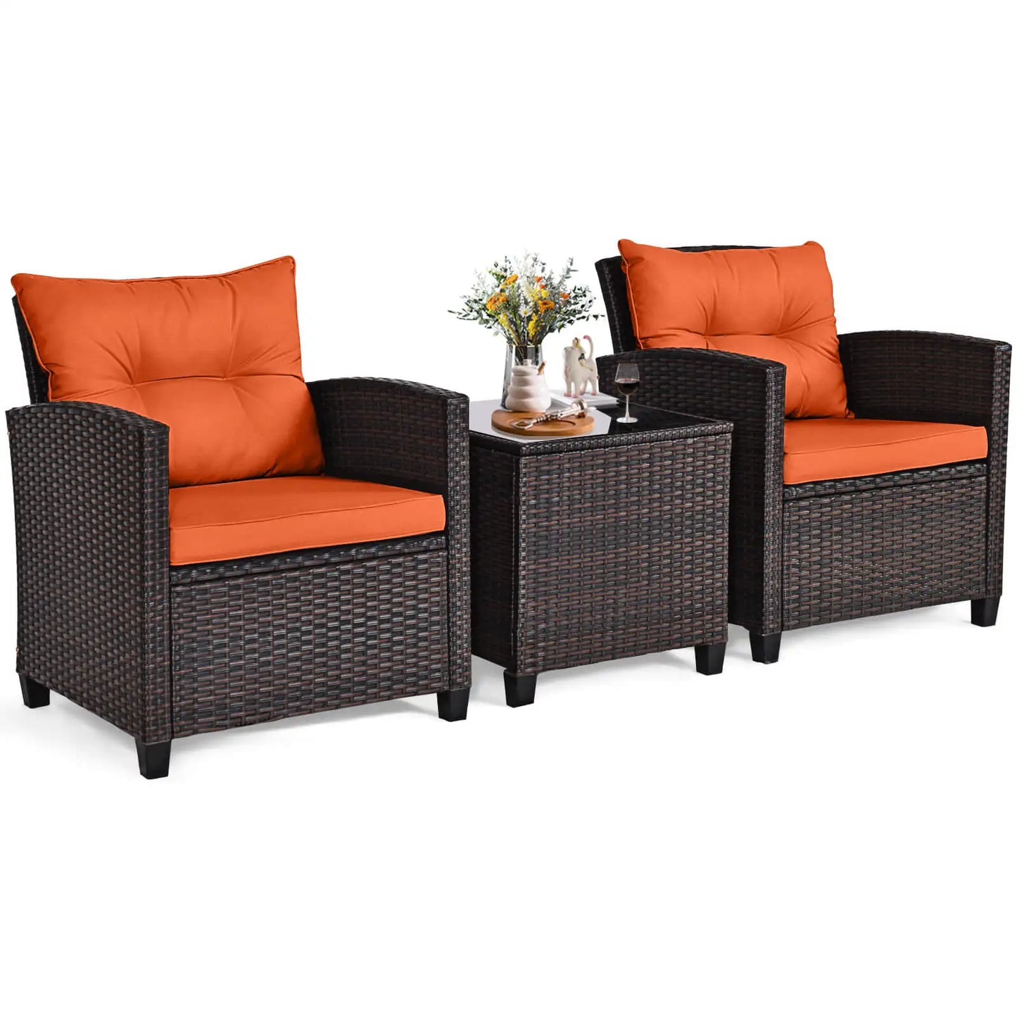 3 PCS Patio Rattan Cushioned Conversation Furniture Set