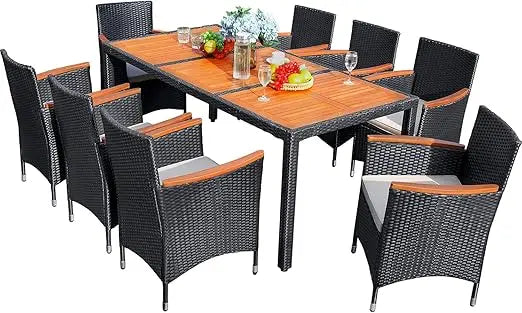 Acacia Wood Table and Chairs with Soft Cushions Wicker Patio Furniture