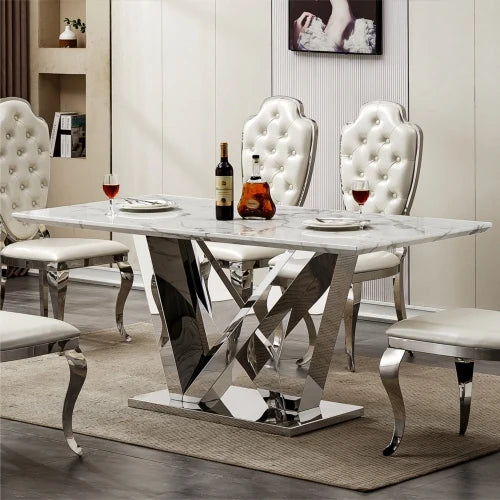 Rectangle Faux Marble Dining Table with Mirrored Finish Stainless Steel Base