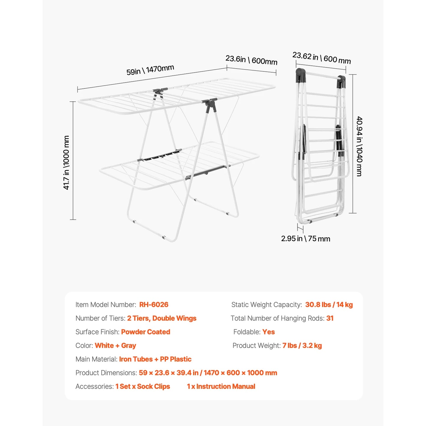 Foldable Laundry Dryer Rack with Sock Clips