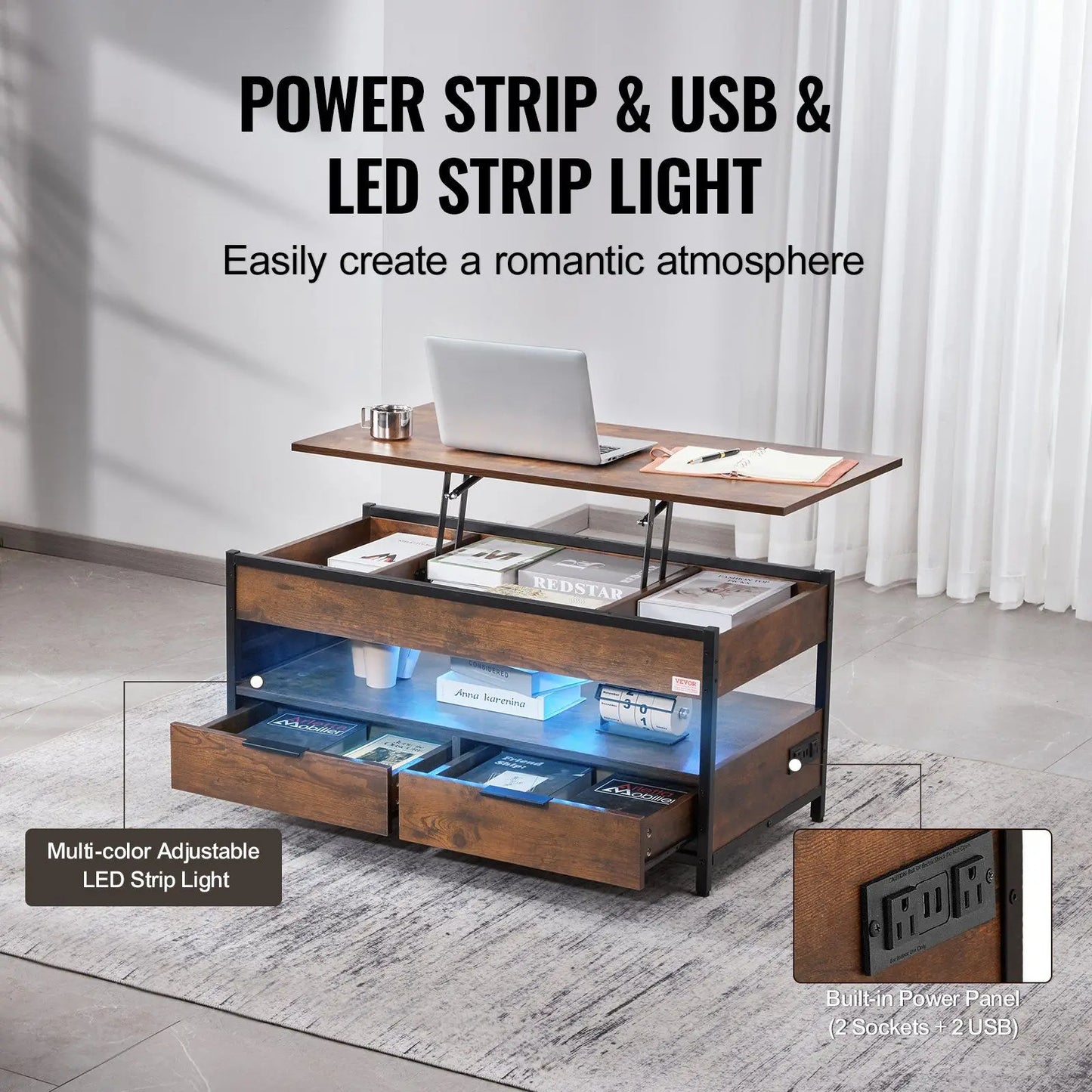 Rectangle Lift Top Coffee Table with Light & USB Port