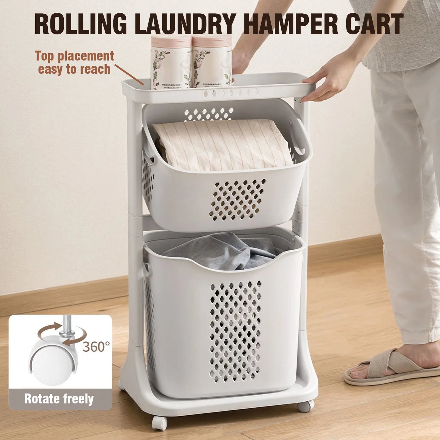Multi-Layer Rolling Plastic Laundry Hamper with Wheels