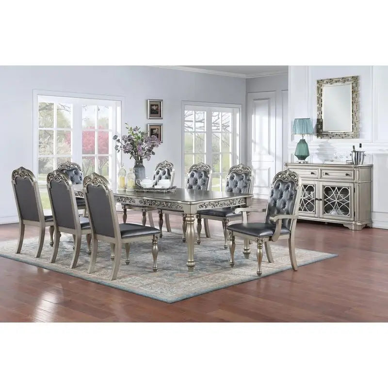 Formal 1pc Dining Table with 2 Leaves, Silver Grey Finish, Antique Design