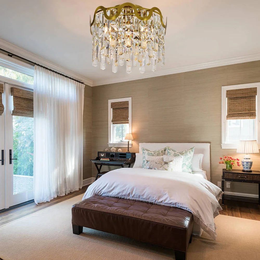 Luxury Gold Crystal Flush Mount Teardrop Crystal Chandelier