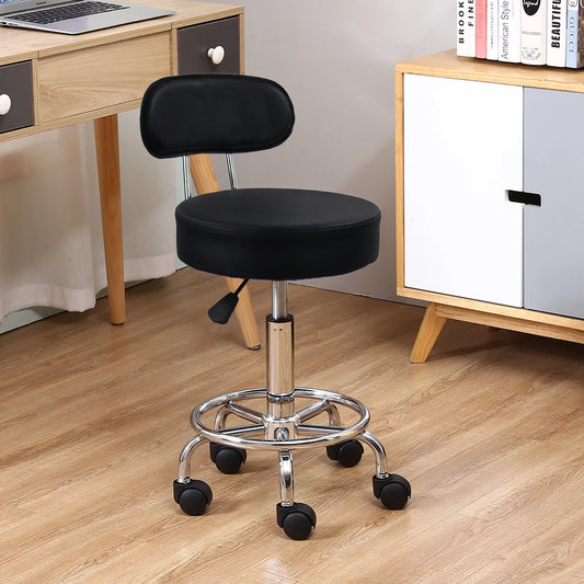 Leather Rolling Stool Mid-Back with Footrest Height