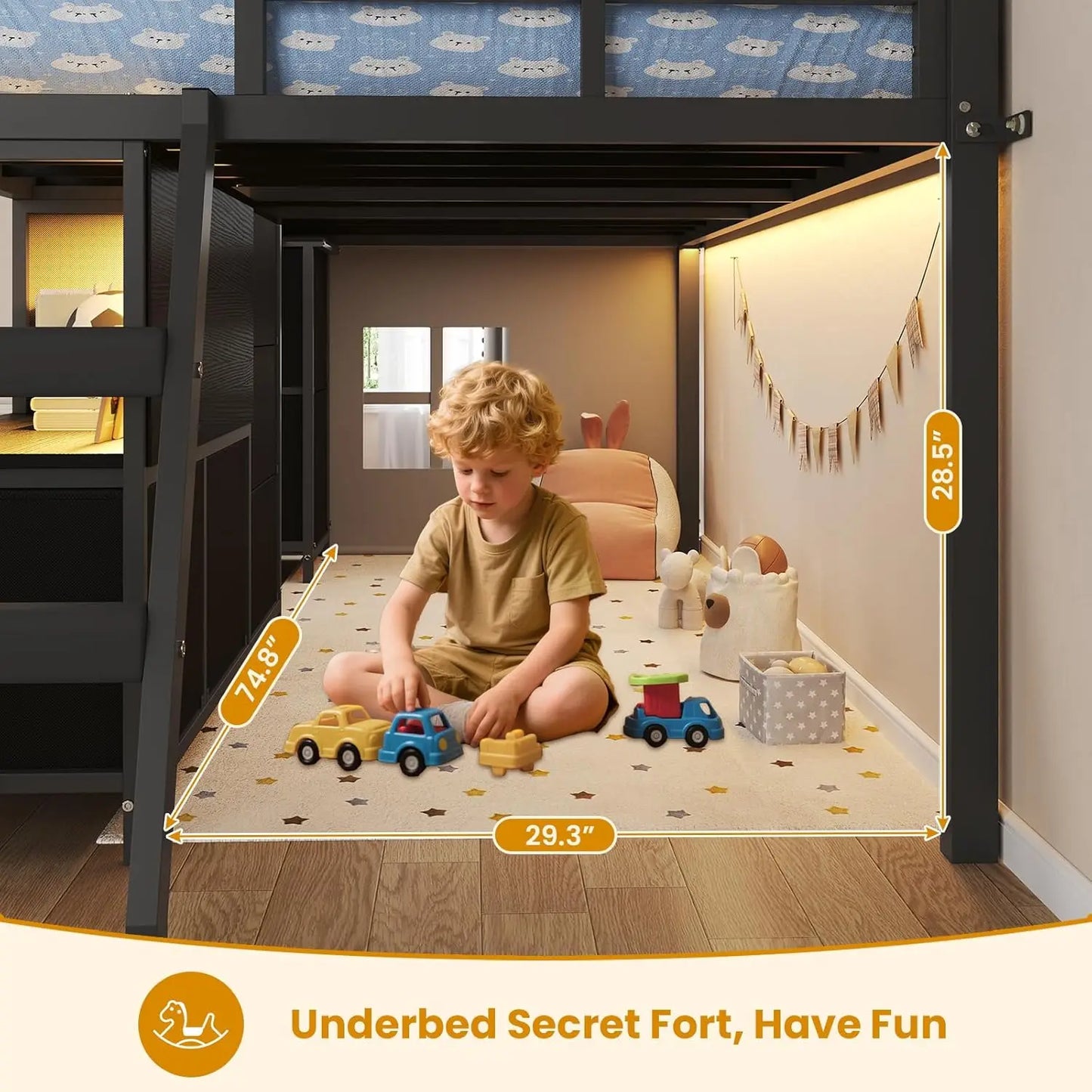 Metal Low Loft Bed Twin Size with Bookcase and LED Lights