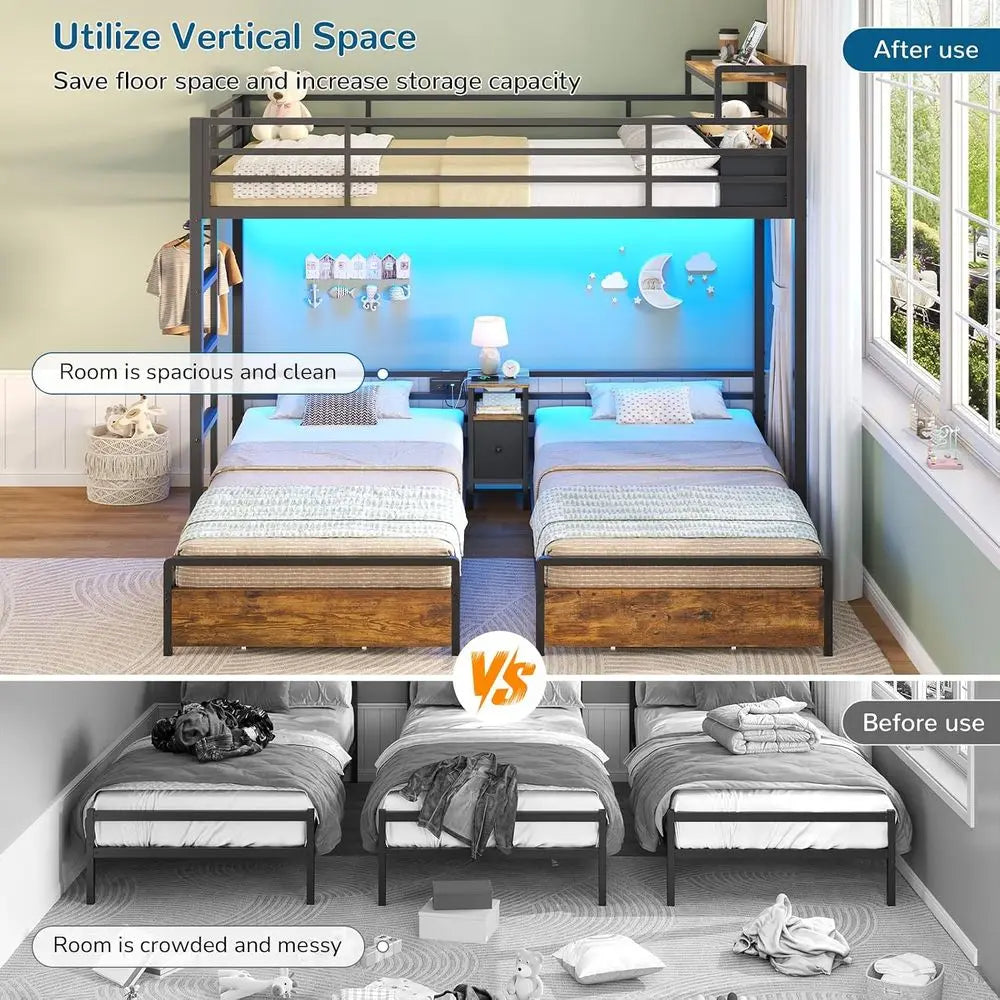 Triple Bunk Bed with Storage Dressers and Bed Shelves