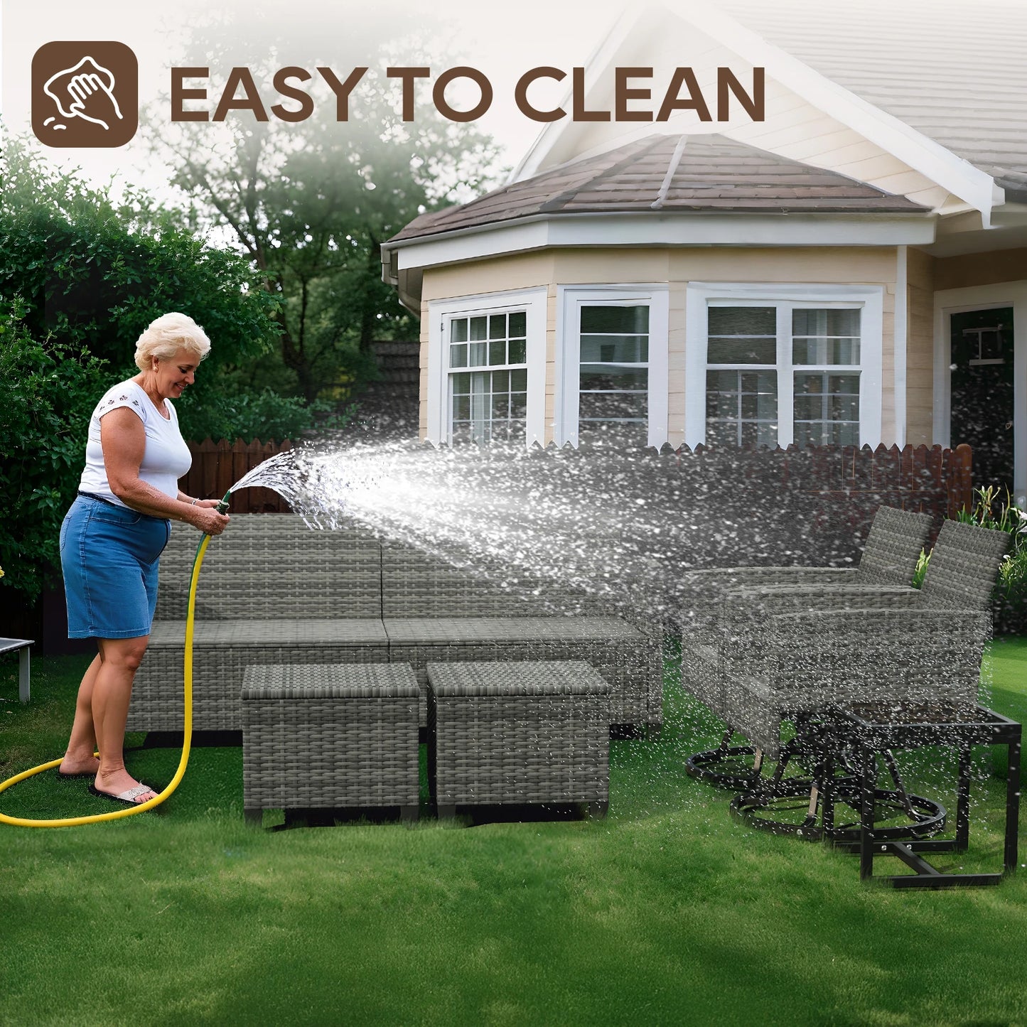 Wicker Patio Furniture  Ottoman & Tempered Glass Side Table Set