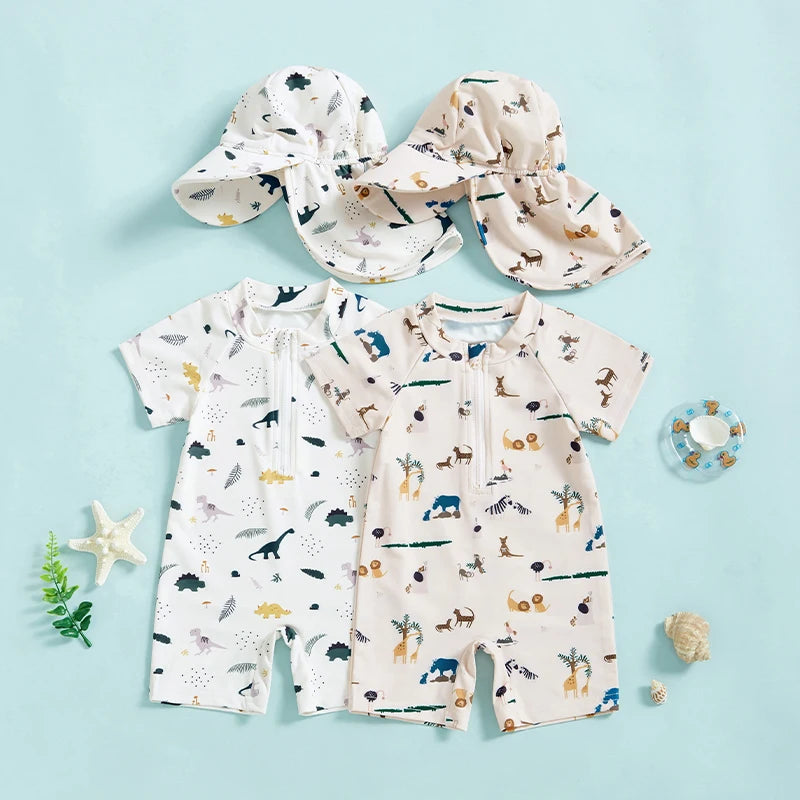 Dinosaur Print Rash Guard Swimsuit Set