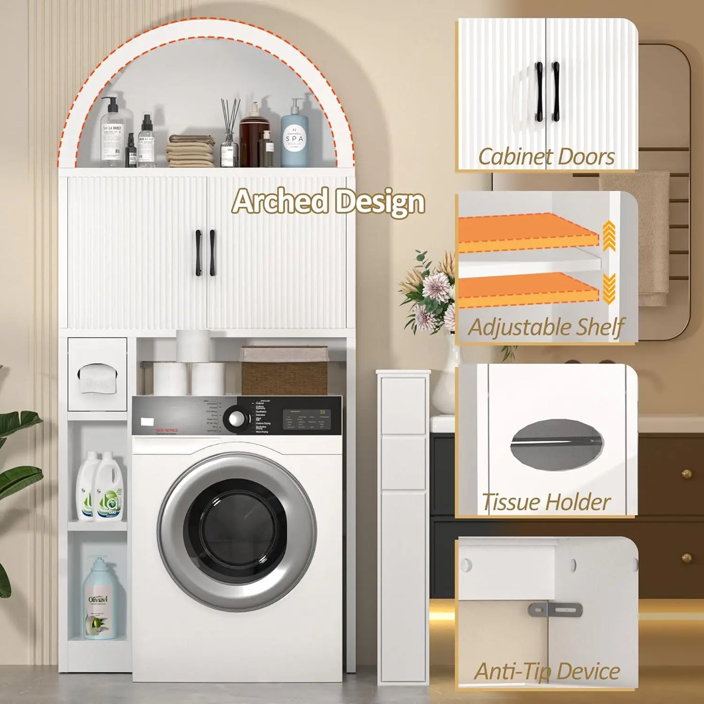 Arched Storage Organizer Cabinet with Anti-Tip Device
