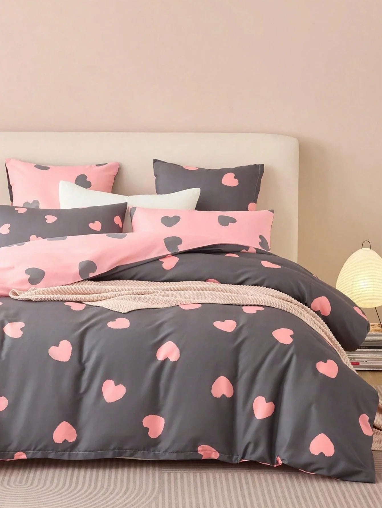 Gray And Pink Heart Print Duvet Cover Set