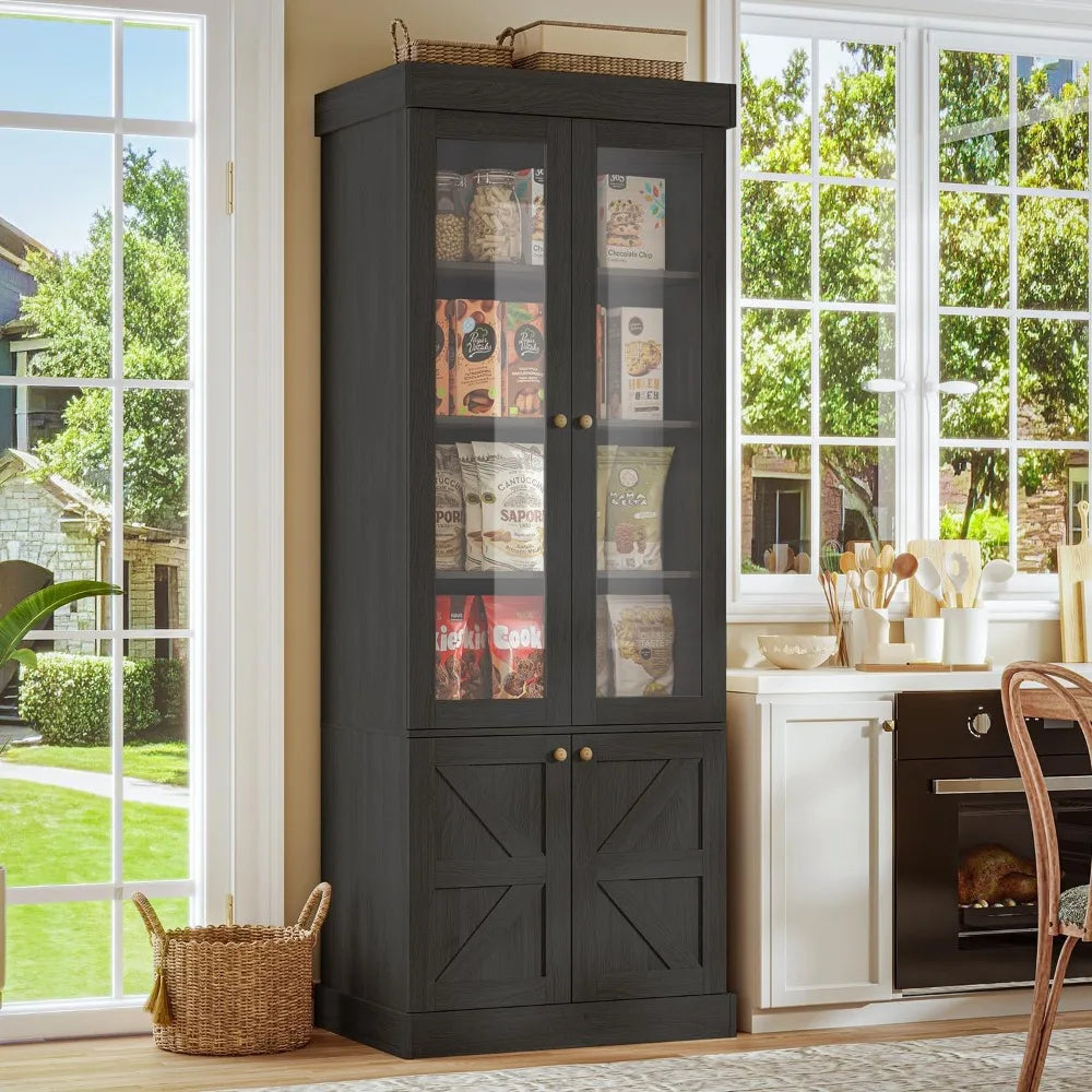 Tall Farmhouse-Style Kitchen Pantry Cabinet with Glass Doors with Adjustable Shelves