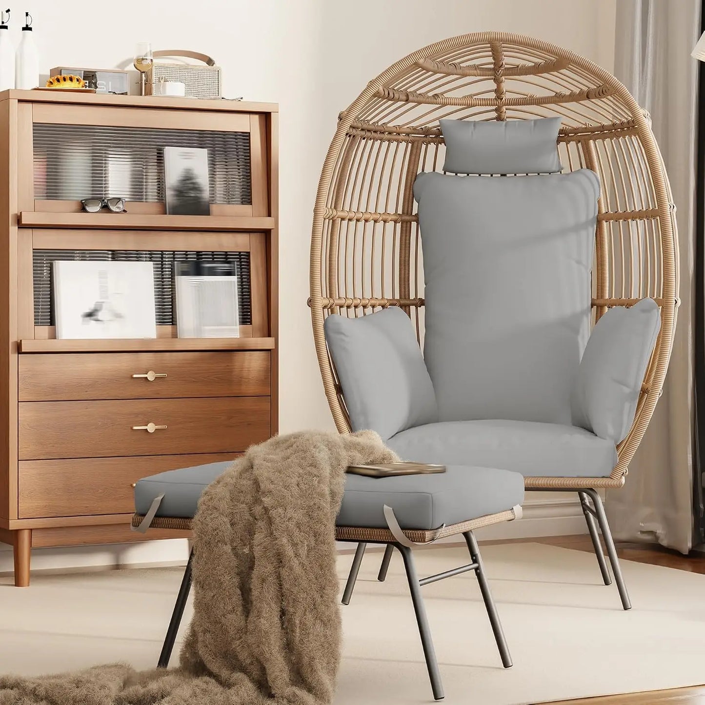 Waterproof UV Resistant Wicker Egg Chair with Ottoman with Cushions