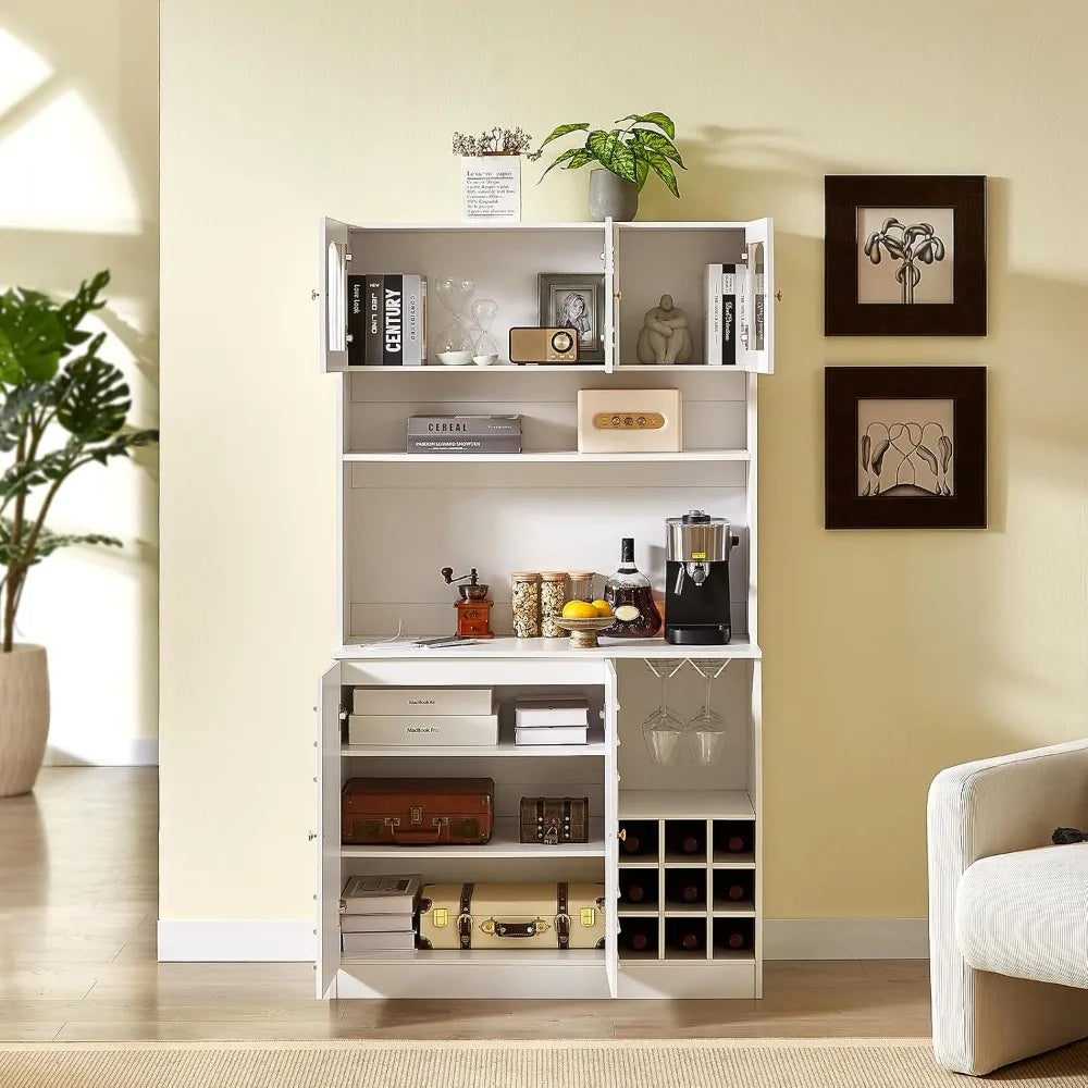 Kitchen Pantry Cabinet with Microwave Shelf & Wine Glass Rack Storage Buffet