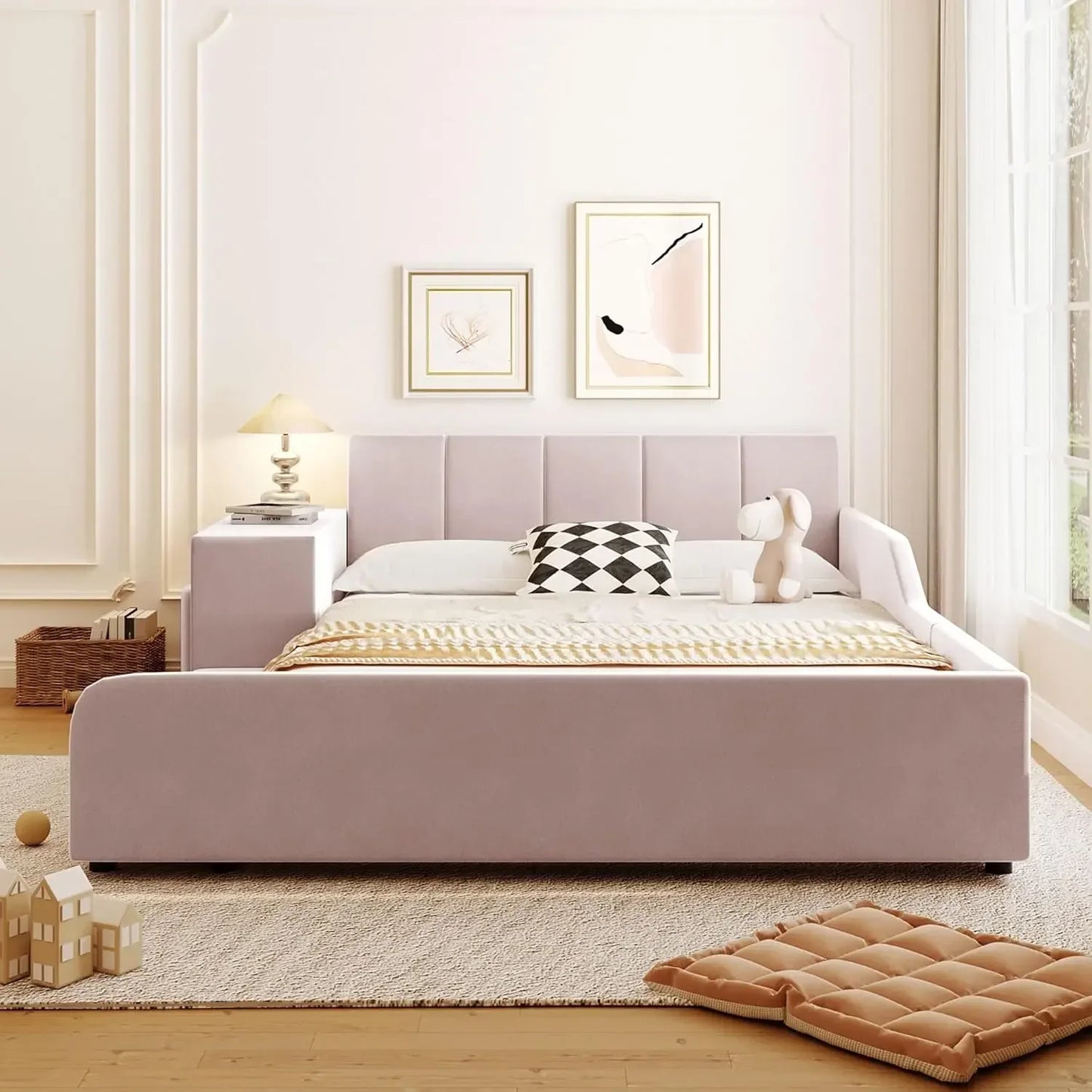 Velvet Upholstered Grounded Bed Platform Bed with Bedside Desk and Little Round Stool