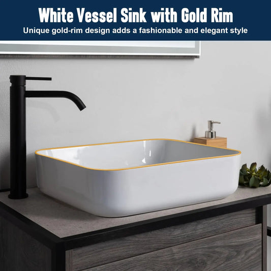 Elegant Modern Ceramic Style Gold Rim Rectangular Vessel Sink