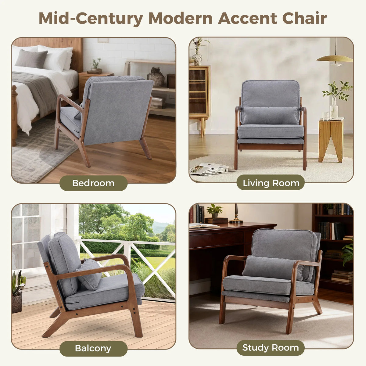 Mid Century Modern Solid Wooden Frame Accent Chair
