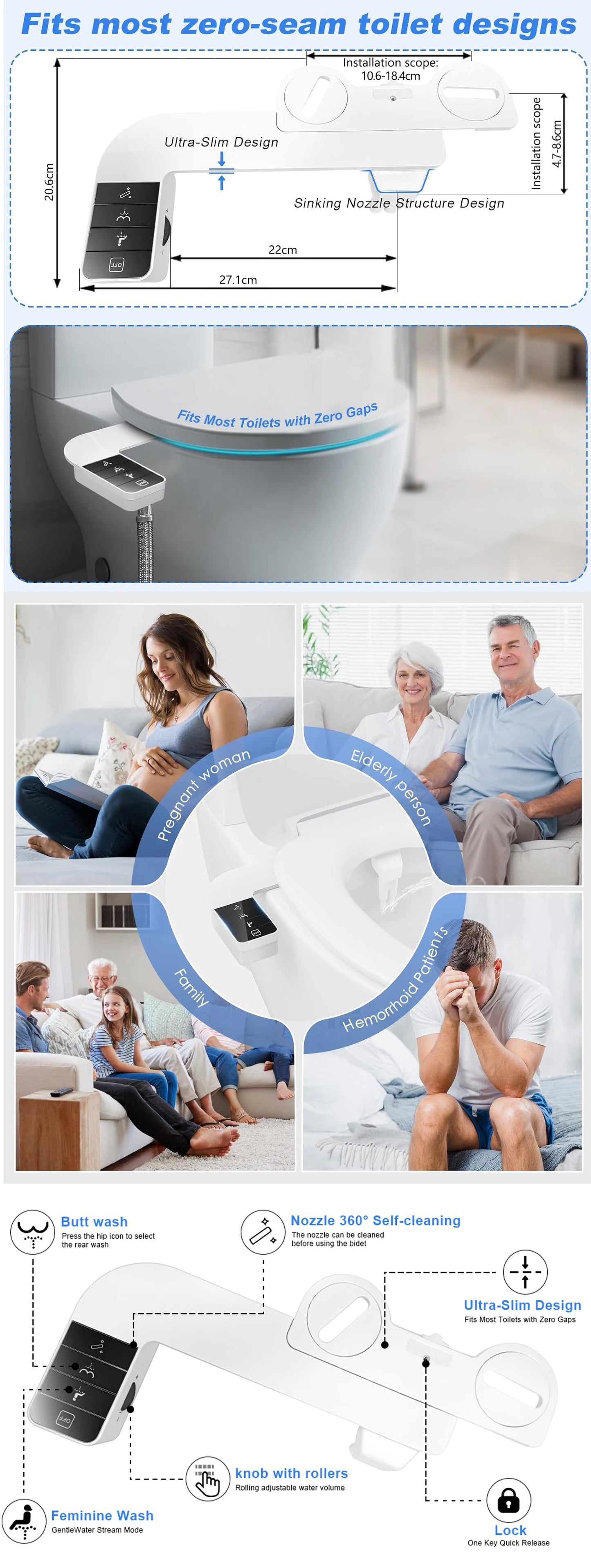 Side Arm Control Ultra Thin Design Toilet Seat Dual Nozzle