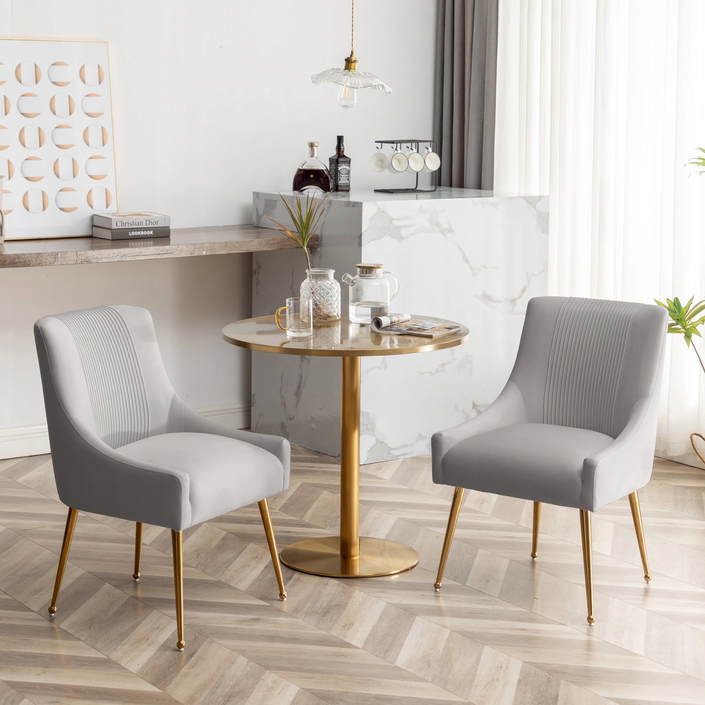 Modern Glam Vanity Buckle Pleated Velvet Dining Chair with Rear Handle
