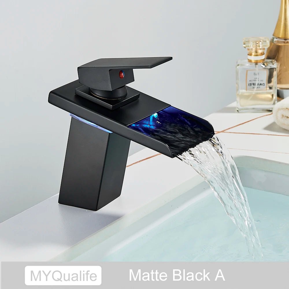 Luxury LED Color Changing Waterfall Basin Sink Faucet Single Handle Deck Mounted Hot and Cold Mixer Taps